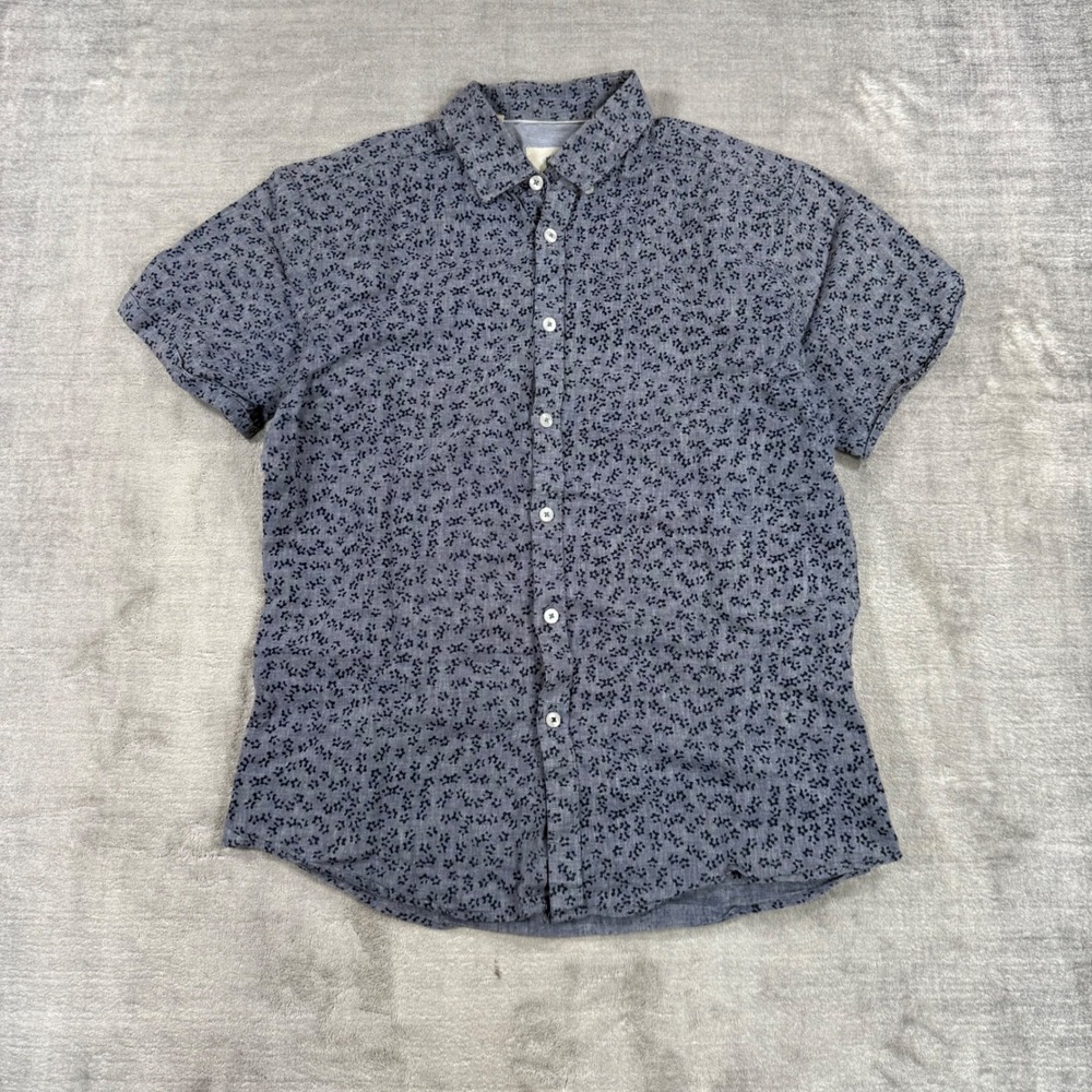 Steel & Jelly Mens Medium Blue Floral Linen Blend Button Down Short Sleeve
